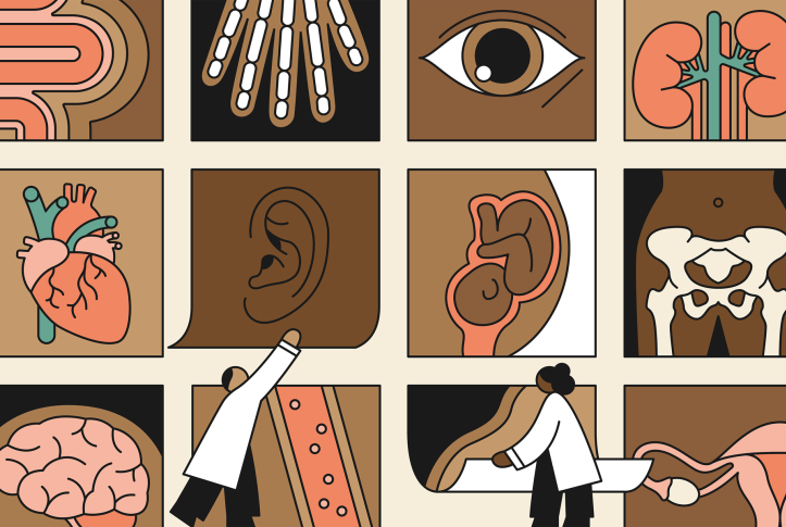 Clinicians assembling a patient chart from body-system tiles: digestion, imaging, eye, kidney, heart, ear, pregnancy, bone, brain, and gynaecology
