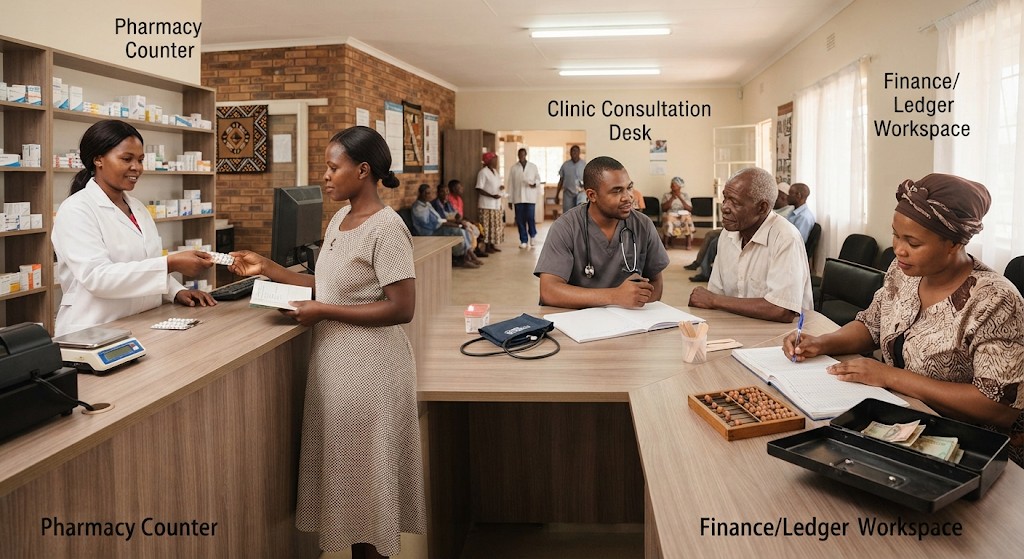 Integrated pharmacy, clinic, and finance workspace