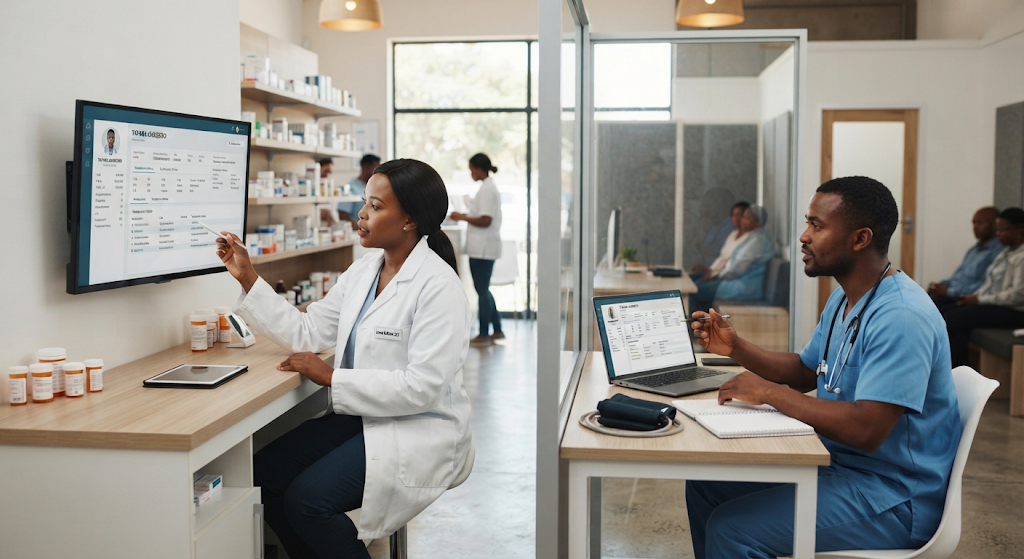 Clinician and pharmacist sharing digital health records